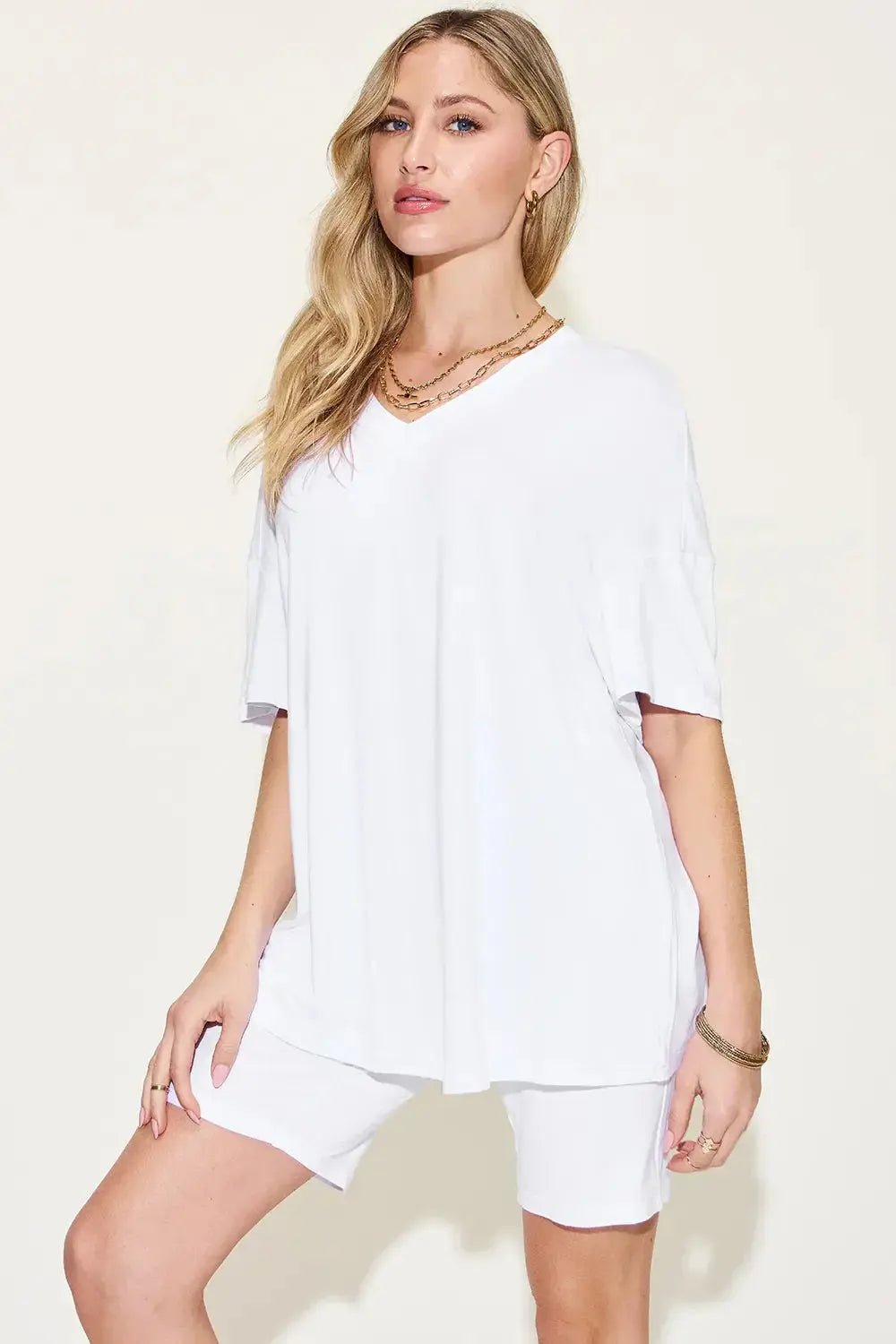 Basic Bae Full Size V - Neck Drop Shoulder T-Shirt and Shorts Set - we buy
