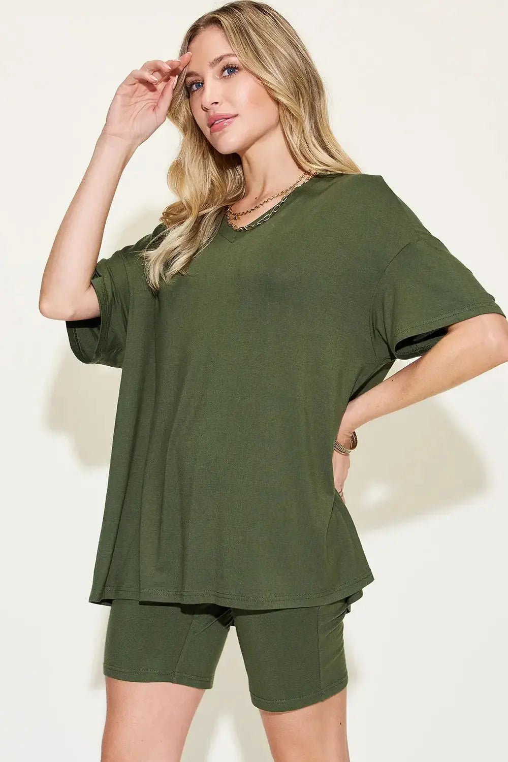 Basic Bae Full Size V - Neck Drop Shoulder T-Shirt and Shorts Set - we buy
