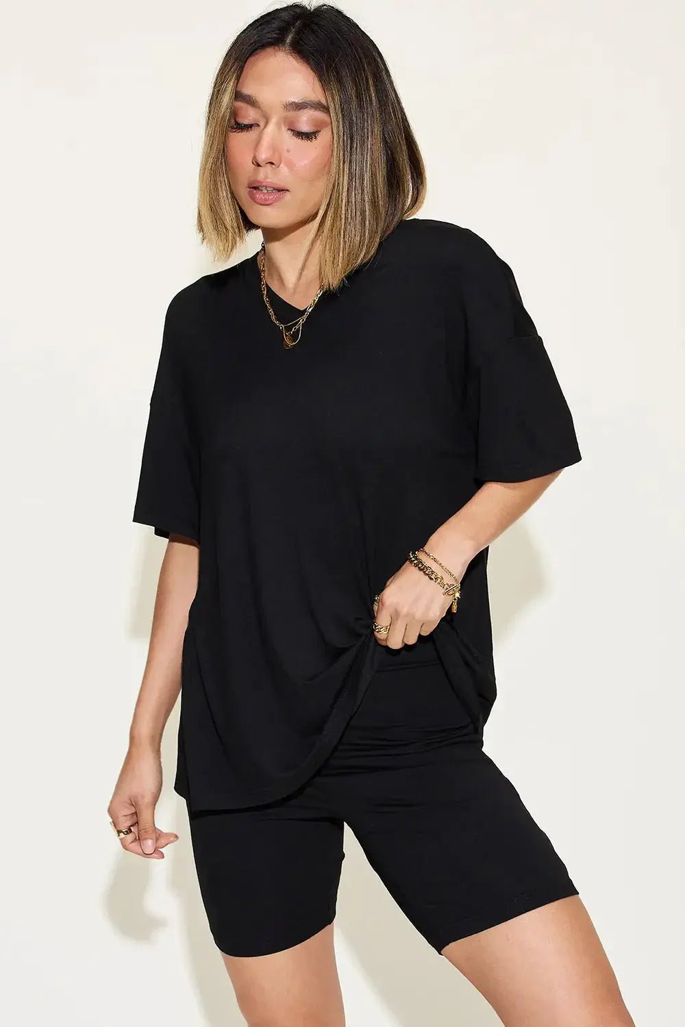 Basic Bae Full Size V - Neck Drop Shoulder T-Shirt and Shorts Set - we buy