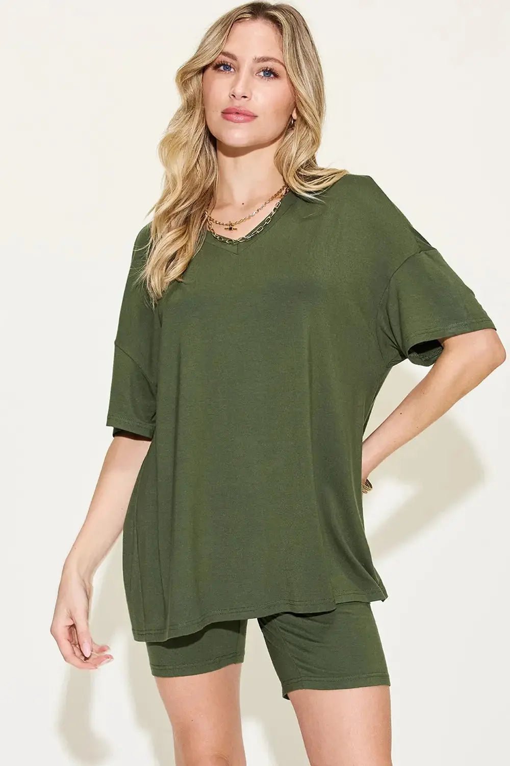 Basic Bae Full Size V - Neck Drop Shoulder T-Shirt and Shorts Set - we buy