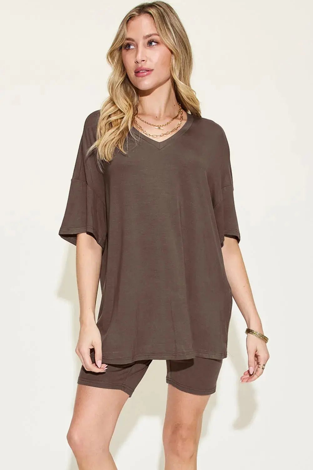 Basic Bae Full Size V - Neck Drop Shoulder T-Shirt and Shorts Set - we buy