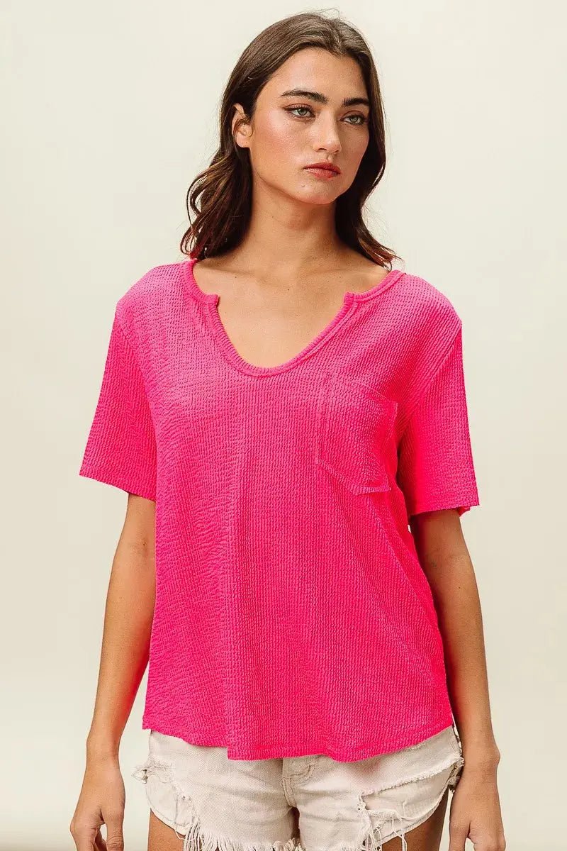 BiBi Waved Rib U Neck Top With Front Pocket - we buy