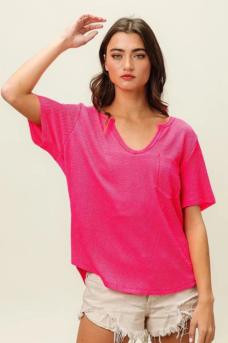 BiBi Waved Rib U Neck Top With Front Pocket - we buy