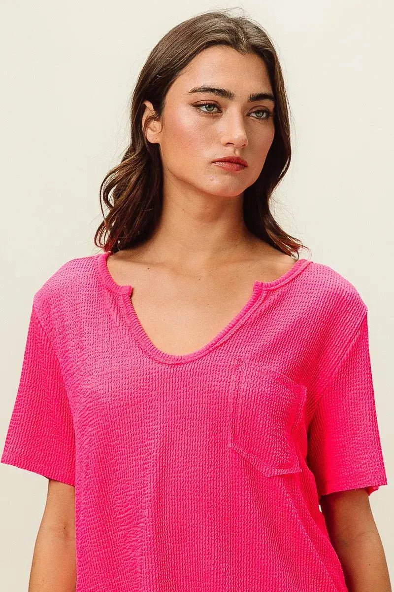 BiBi Waved Rib U Neck Top With Front Pocket - we buy