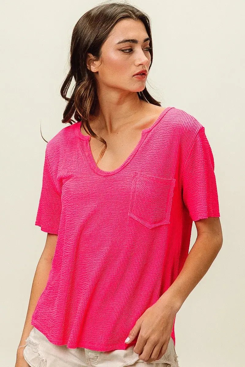 BiBi Waved Rib U Neck Top With Front Pocket - we buy