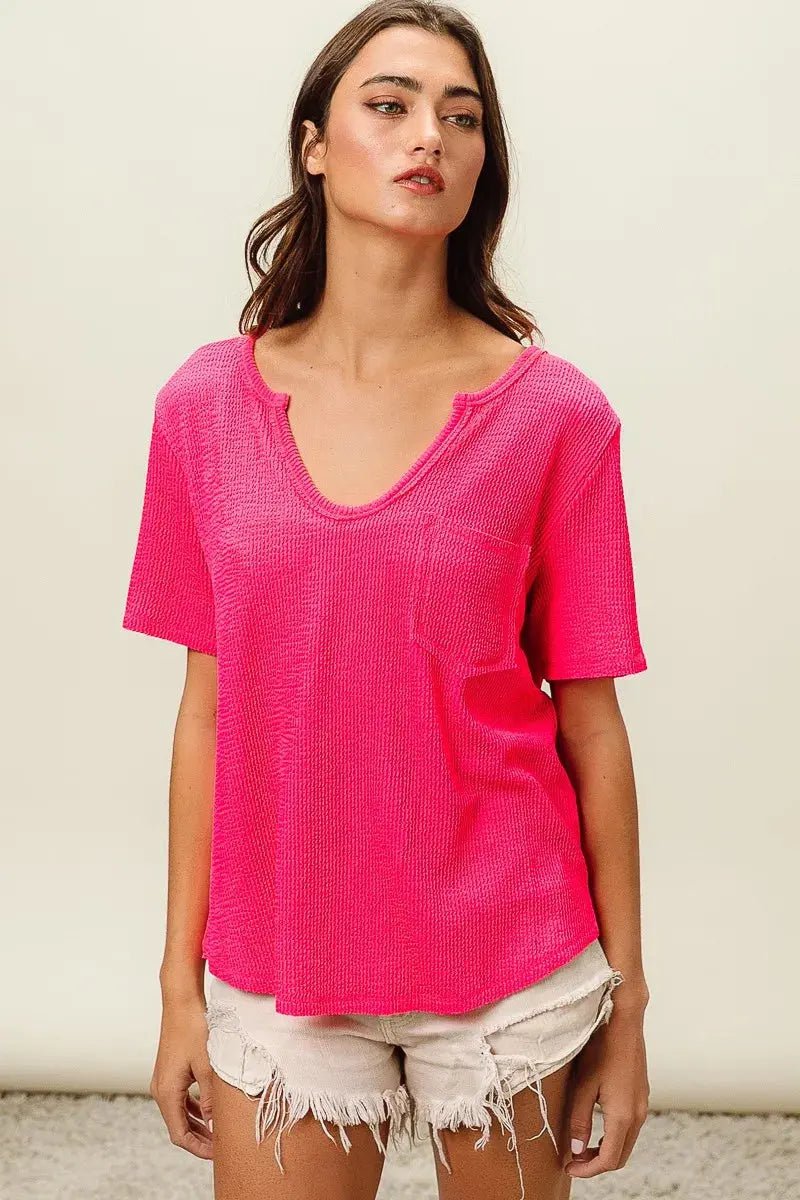 BiBi Waved Rib U Neck Top With Front Pocket - we buy