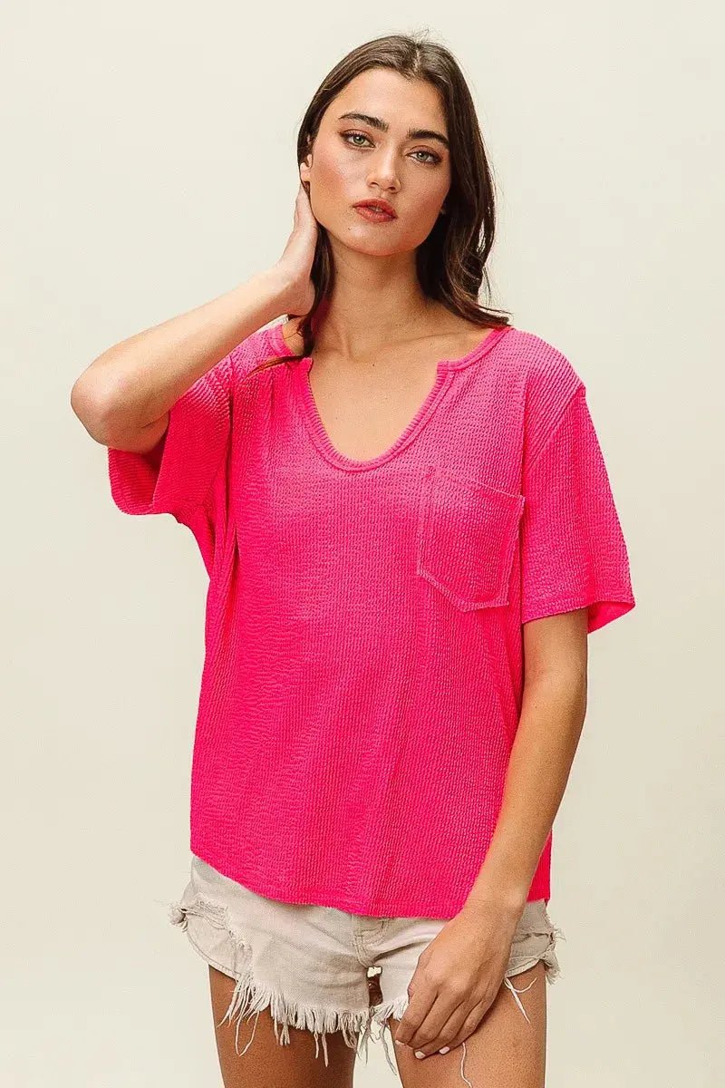 BiBi Waved Rib U Neck Top With Front Pocket - we buy