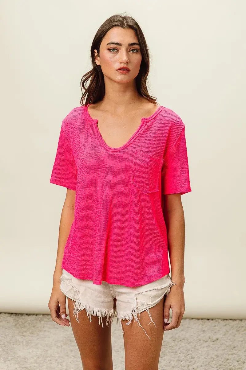 BiBi Waved Rib U Neck Top With Front Pocket - we buy