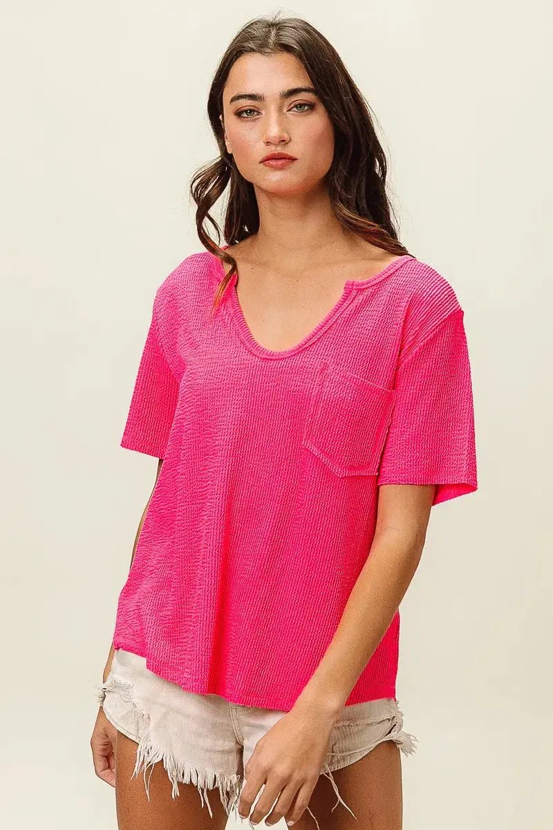 BiBi Waved Rib U Neck Top With Front Pocket - we buy