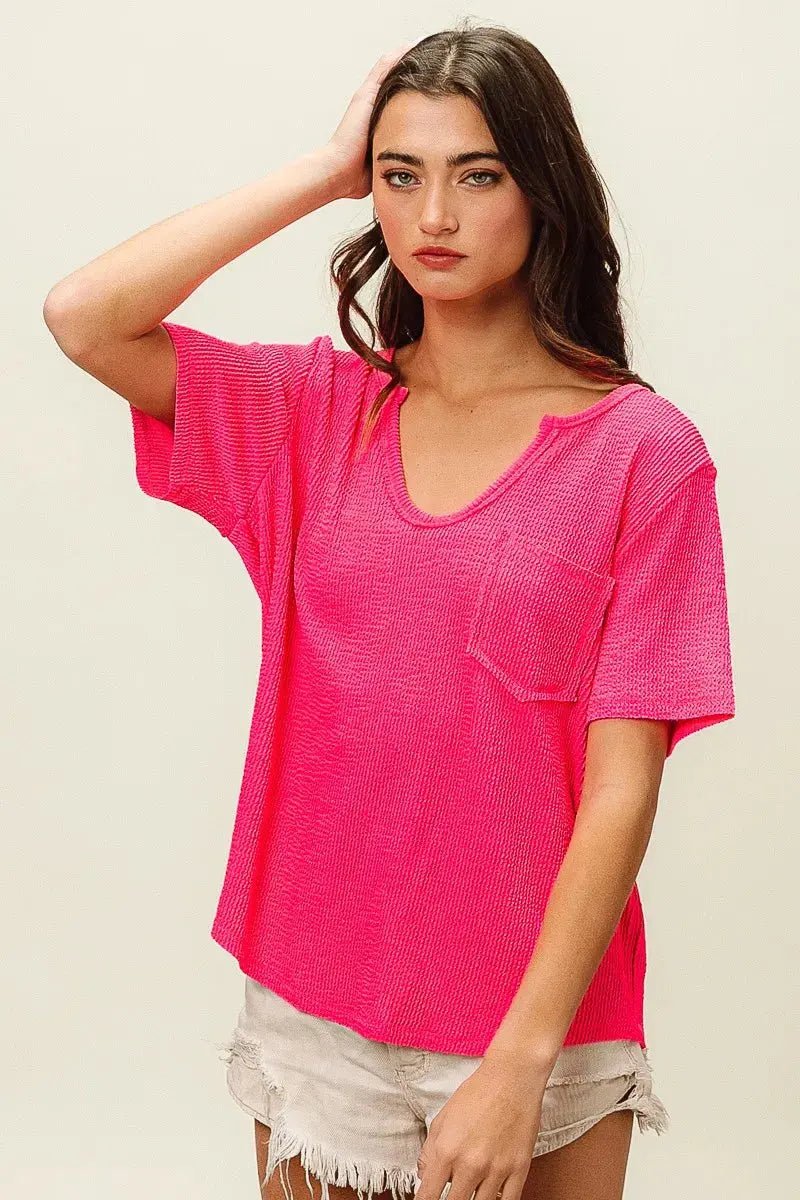 BiBi Waved Rib U Neck Top With Front Pocket - we buy
