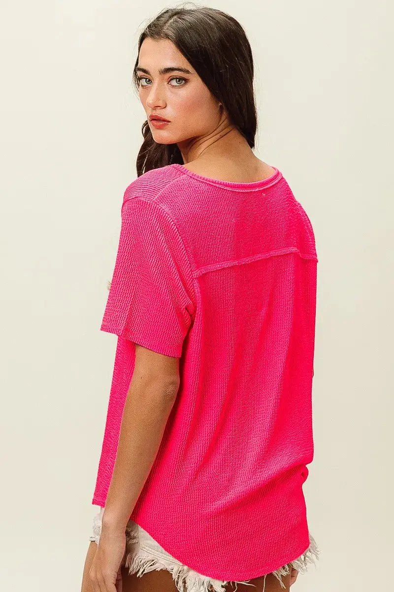 BiBi Waved Rib U Neck Top With Front Pocket - we buy