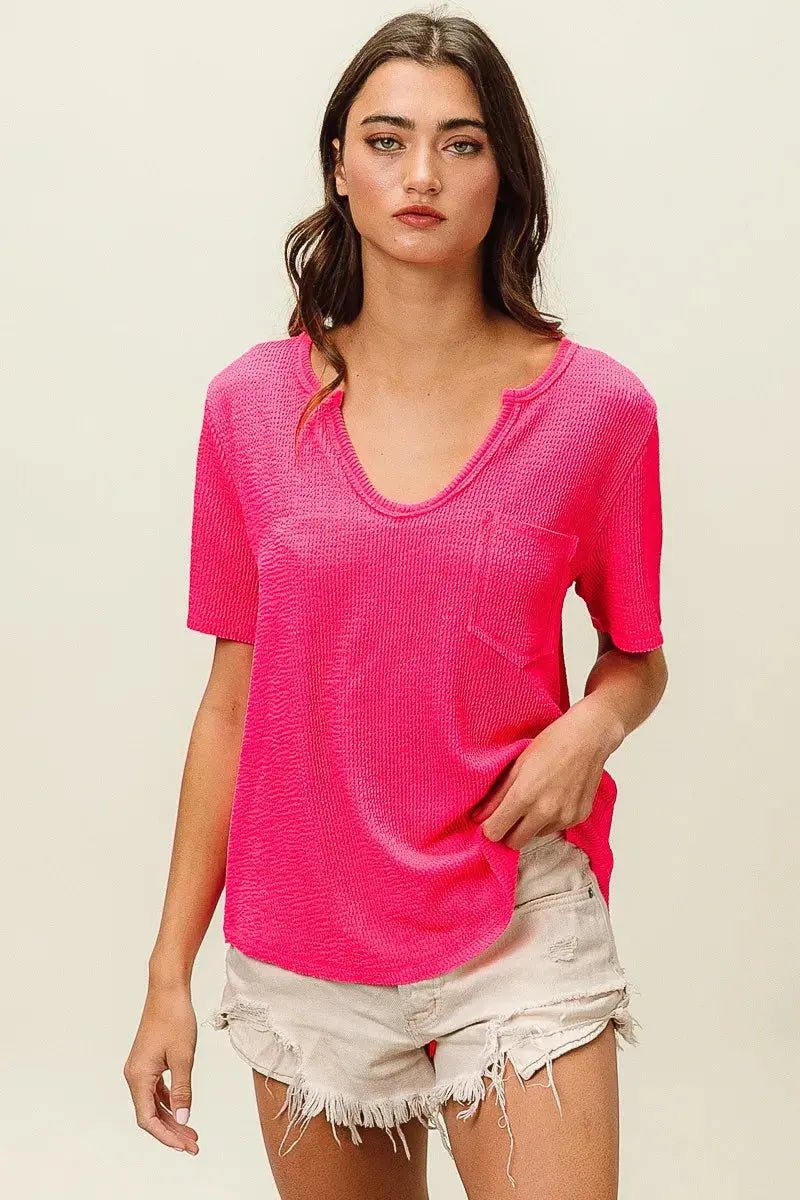 BiBi Waved Rib U Neck Top With Front Pocket - we buy