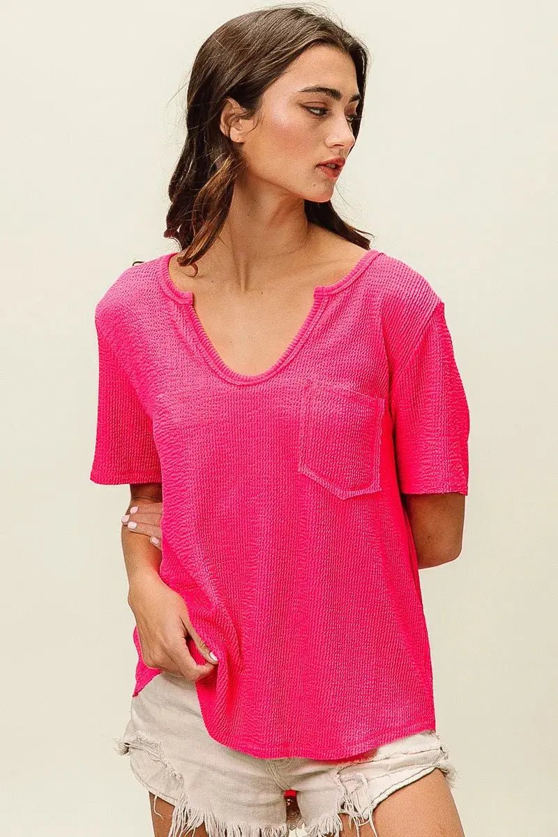 BiBi Waved Rib U Neck Top With Front Pocket - we buy
