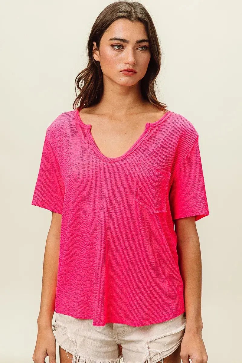 BiBi Waved Rib U Neck Top With Front Pocket - we buy