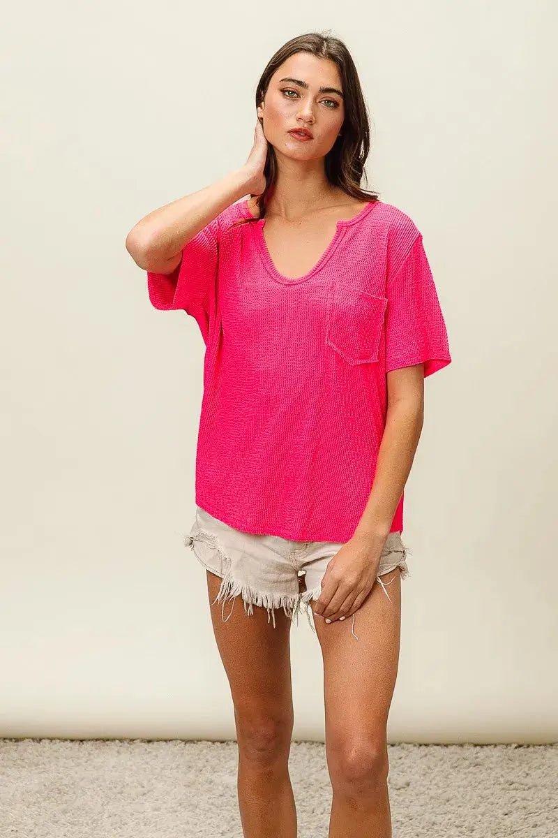 BiBi Waved Rib U Neck Top With Front Pocket - we buy