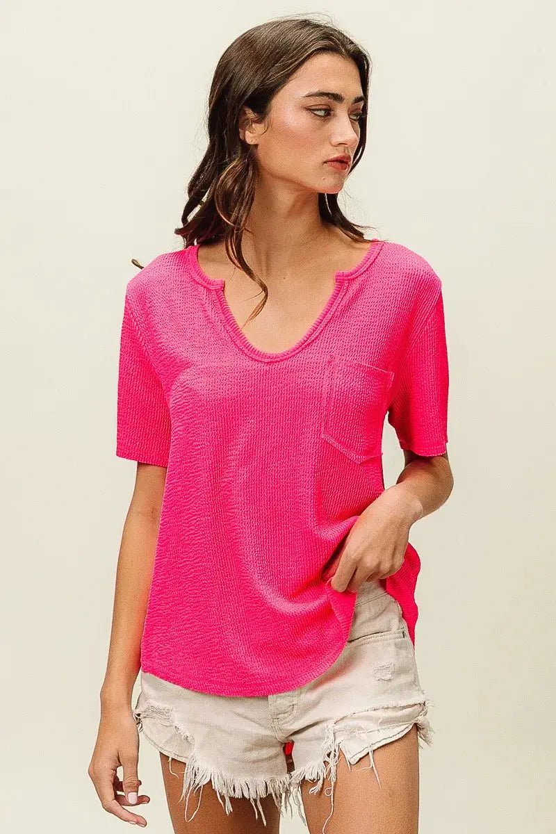 BiBi Waved Rib U Neck Top With Front Pocket - we buy
