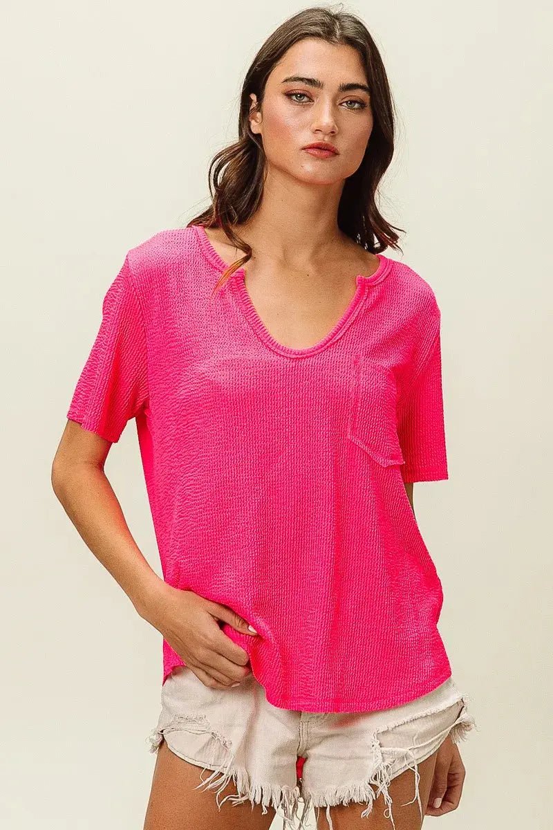 BiBi Waved Rib U Neck Top With Front Pocket - we buy