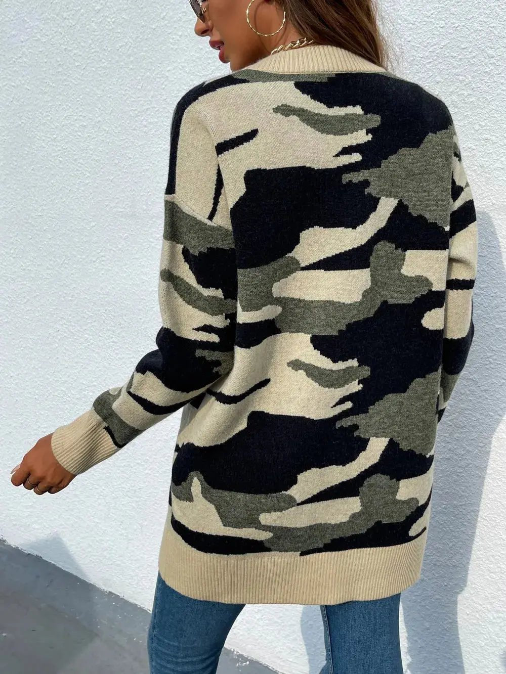 Camouflaged Dropped Shoulder Open Front Cardigan - we buy