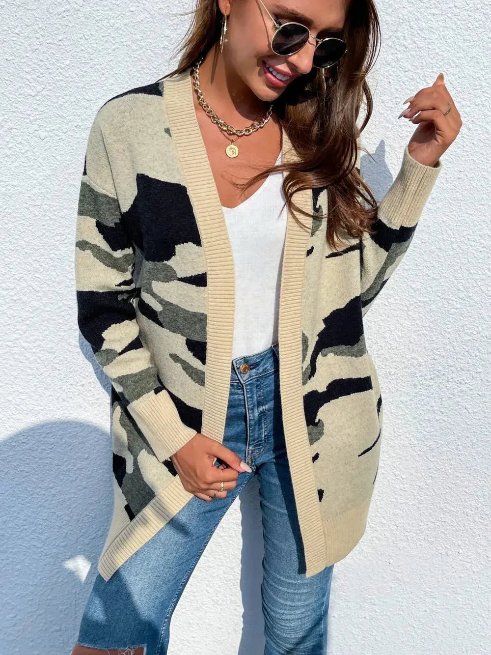 Camouflaged Dropped Shoulder Open Front Cardigan - we buy