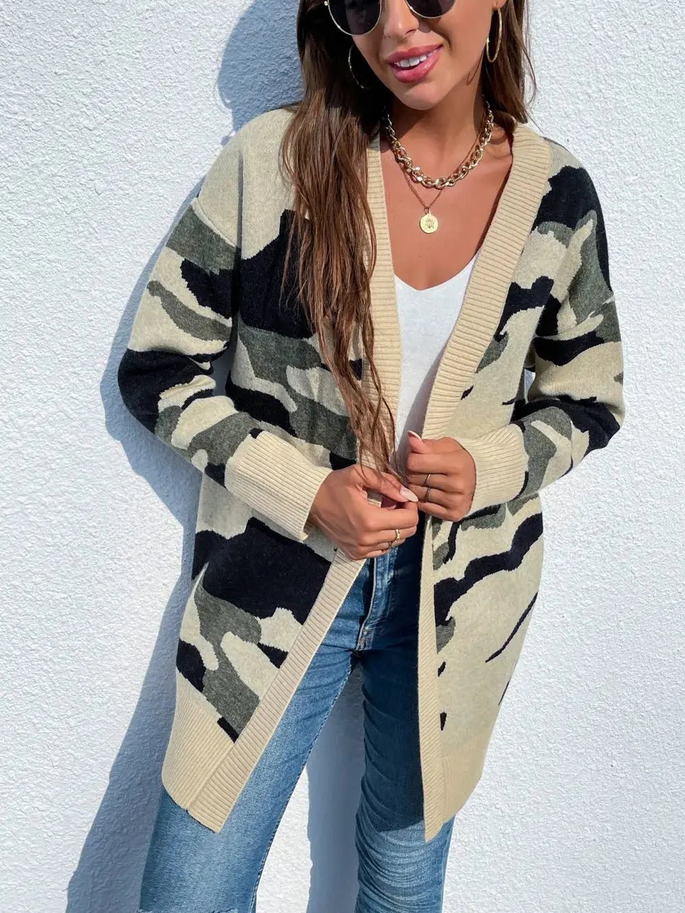 Camouflaged Dropped Shoulder Open Front Cardigan - we buy