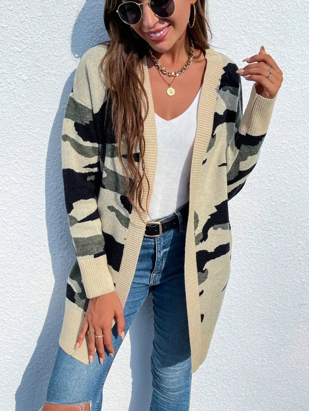 Camouflaged Dropped Shoulder Open Front Cardigan - we buy