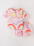 Children's Colorful Wave Print Round Neck Tee and Shorts Set - we buy