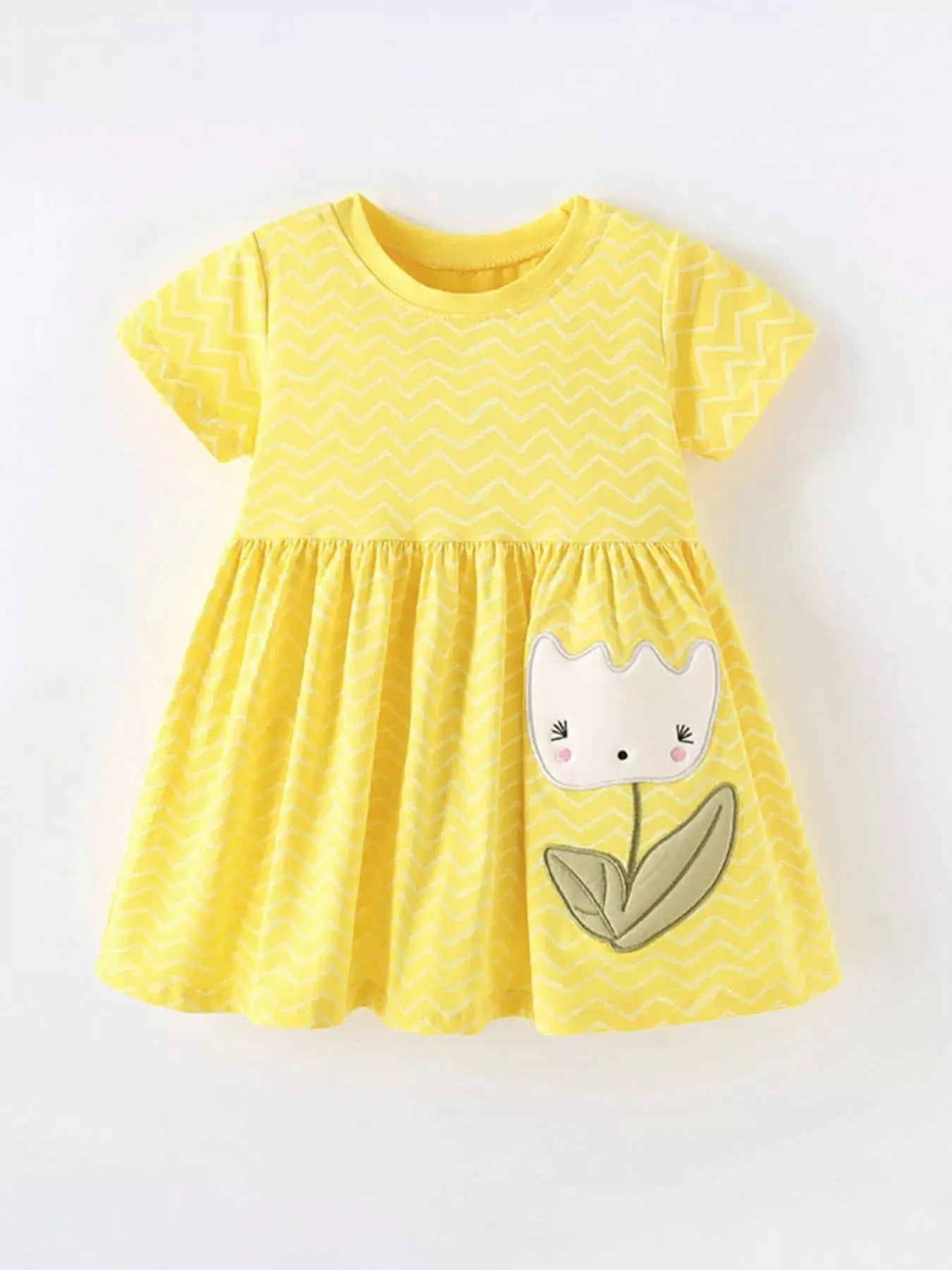 Children's Cute Cartoon Flower Applique Wave Striped Dress - we buy