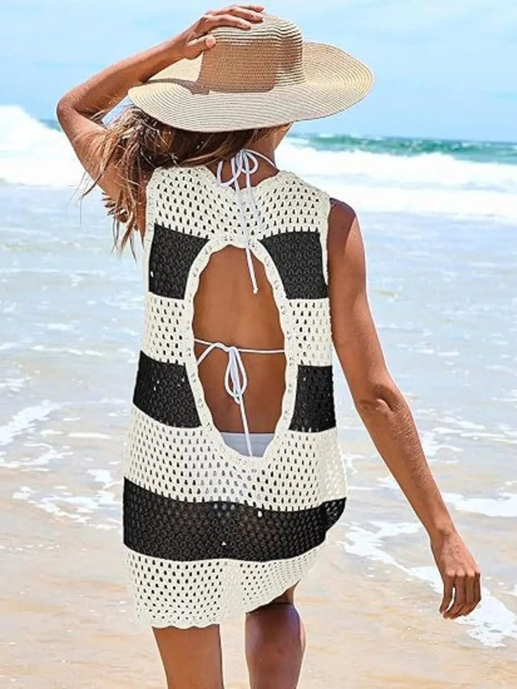 Color Block Openwork Sleeveless Cutout Back Cover - Up - we buy