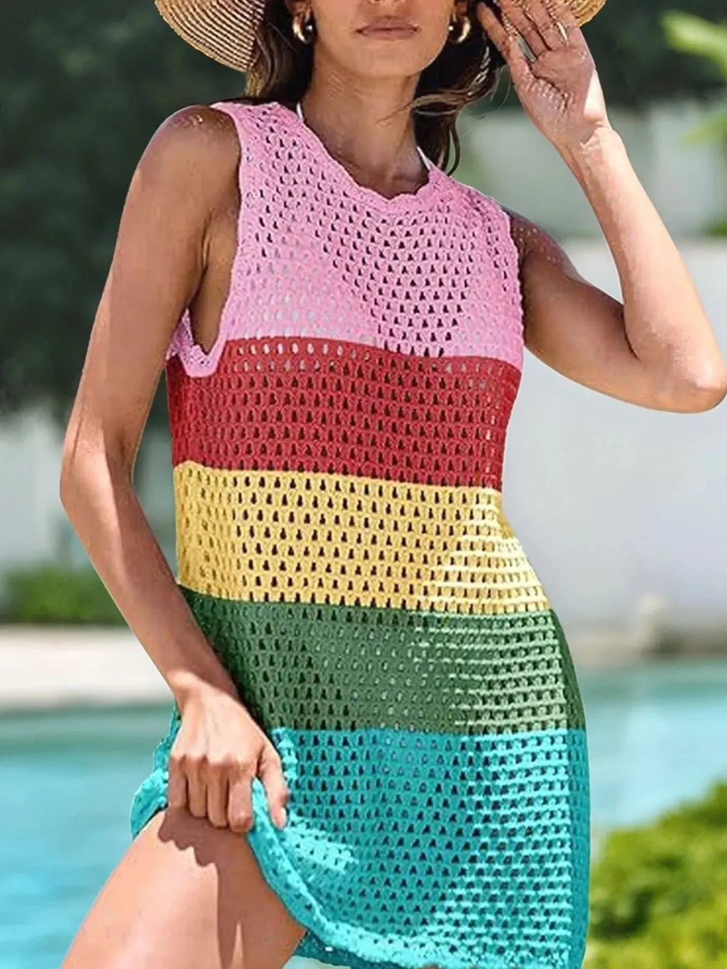 Color Block Openwork Sleeveless Cutout Back Cover - Up - we buy