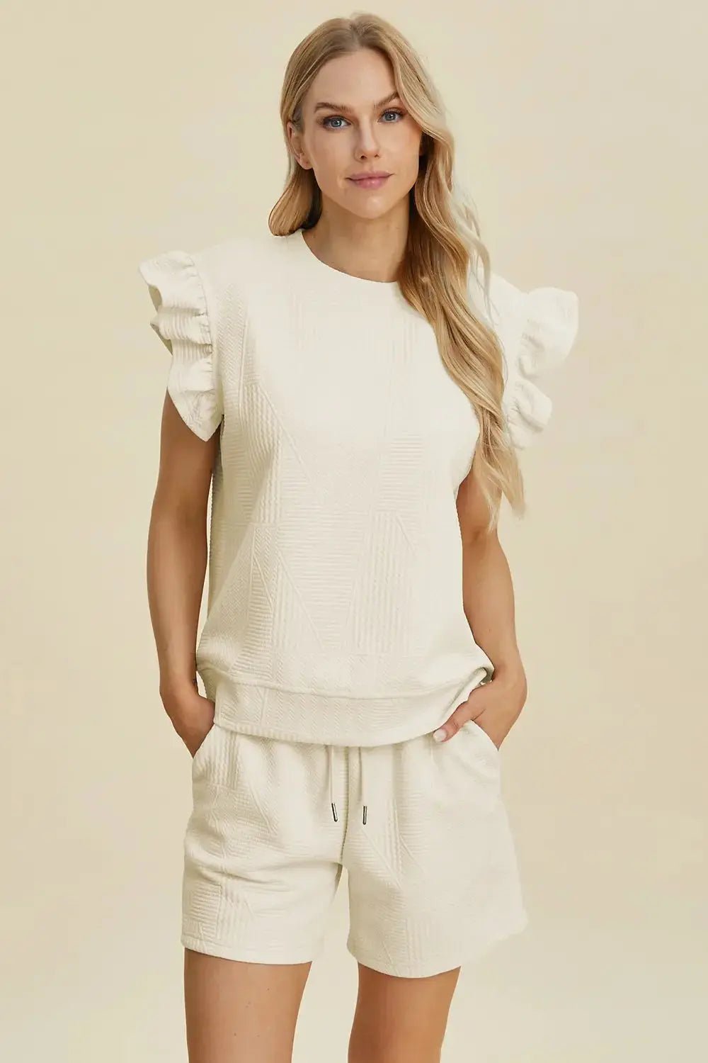 Double Take Full Size Texture Round Neck Ruffle Sleeve Top and Shorts Set - we buy