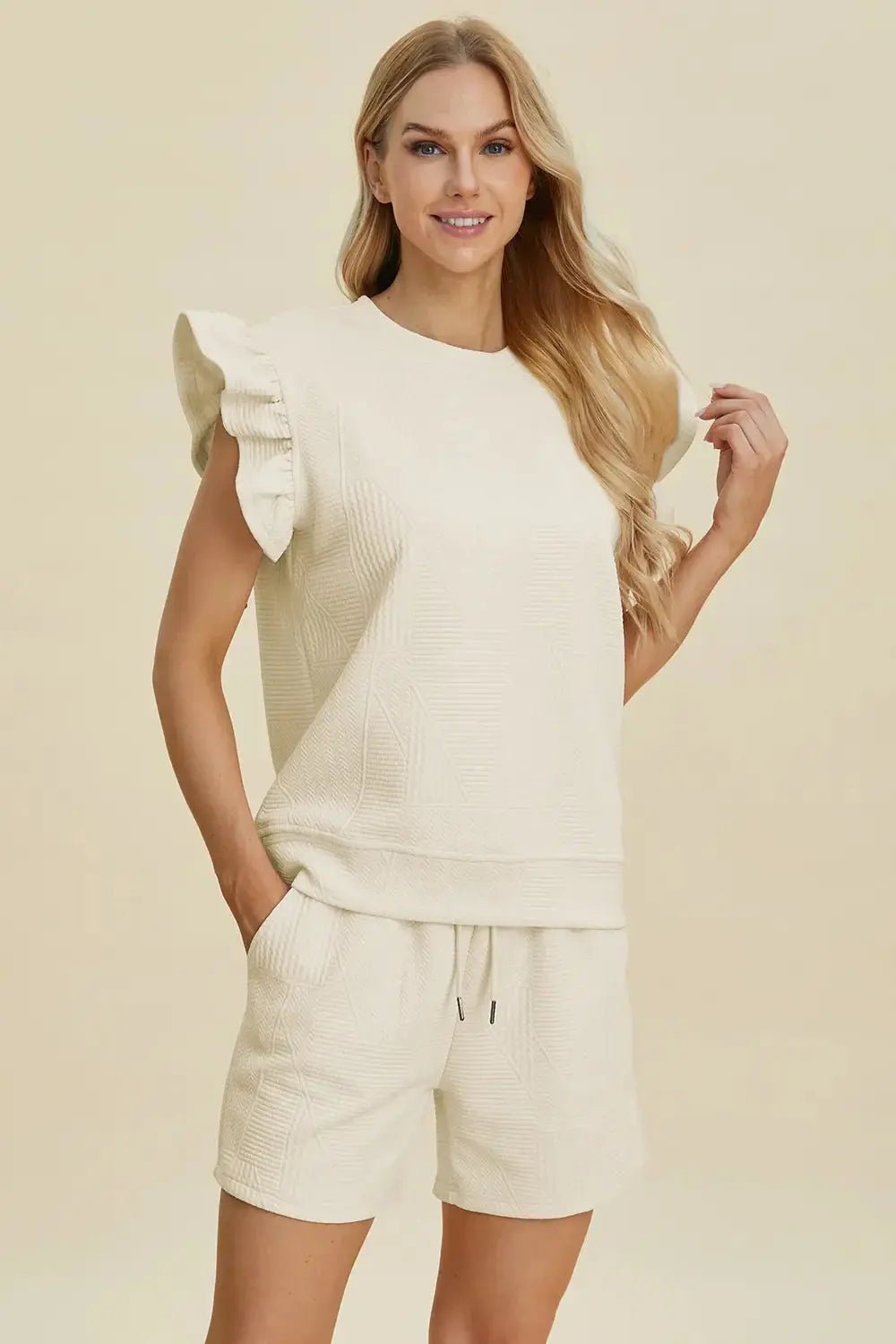 Double Take Full Size Texture Round Neck Ruffle Sleeve Top and Shorts Set - we buy