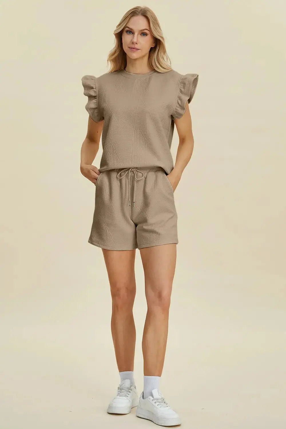 Double Take Full Size Texture Round Neck Ruffle Sleeve Top and Shorts Set - we buy