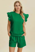 Double Take Full Size Texture Round Neck Ruffle Sleeve Top and Shorts Set - we buy