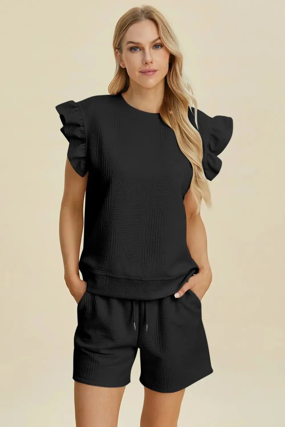 Double Take Full Size Texture Round Neck Ruffle Sleeve Top and Shorts Set - we buy
