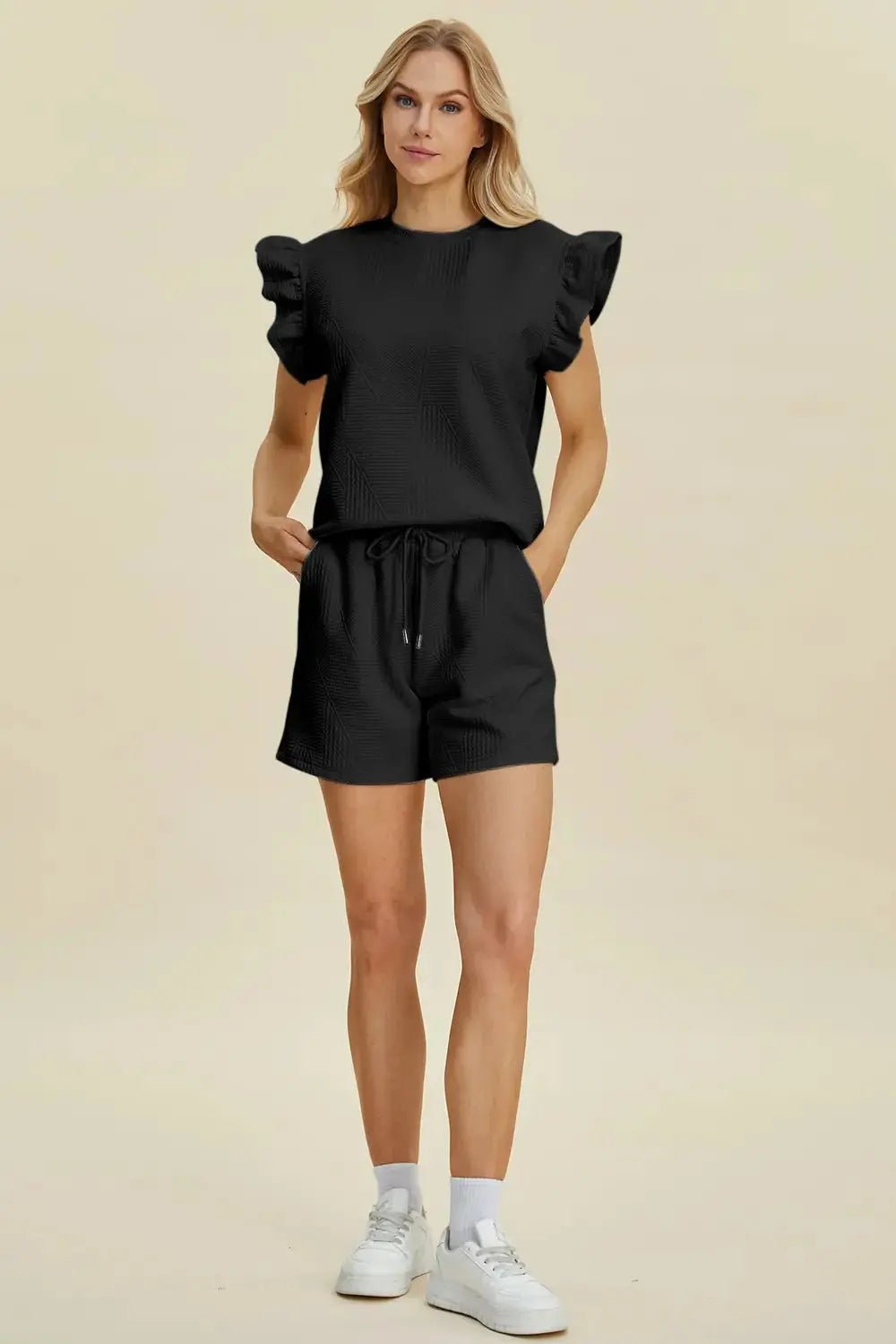 Double Take Full Size Texture Round Neck Ruffle Sleeve Top and Shorts Set - we buy