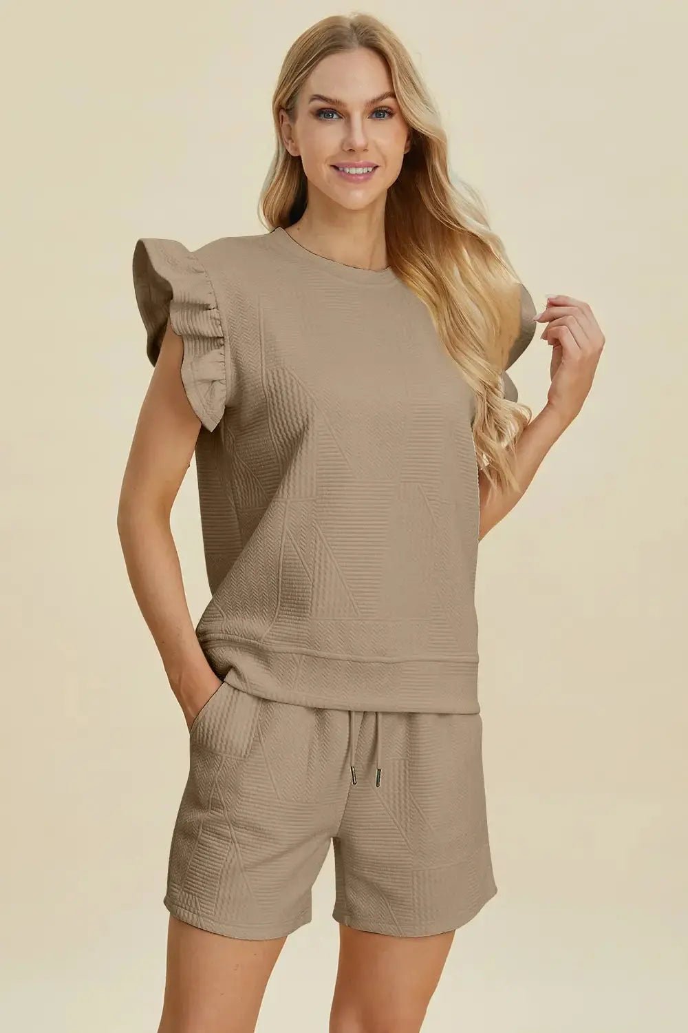 Double Take Full Size Texture Round Neck Ruffle Sleeve Top and Shorts Set - we buy