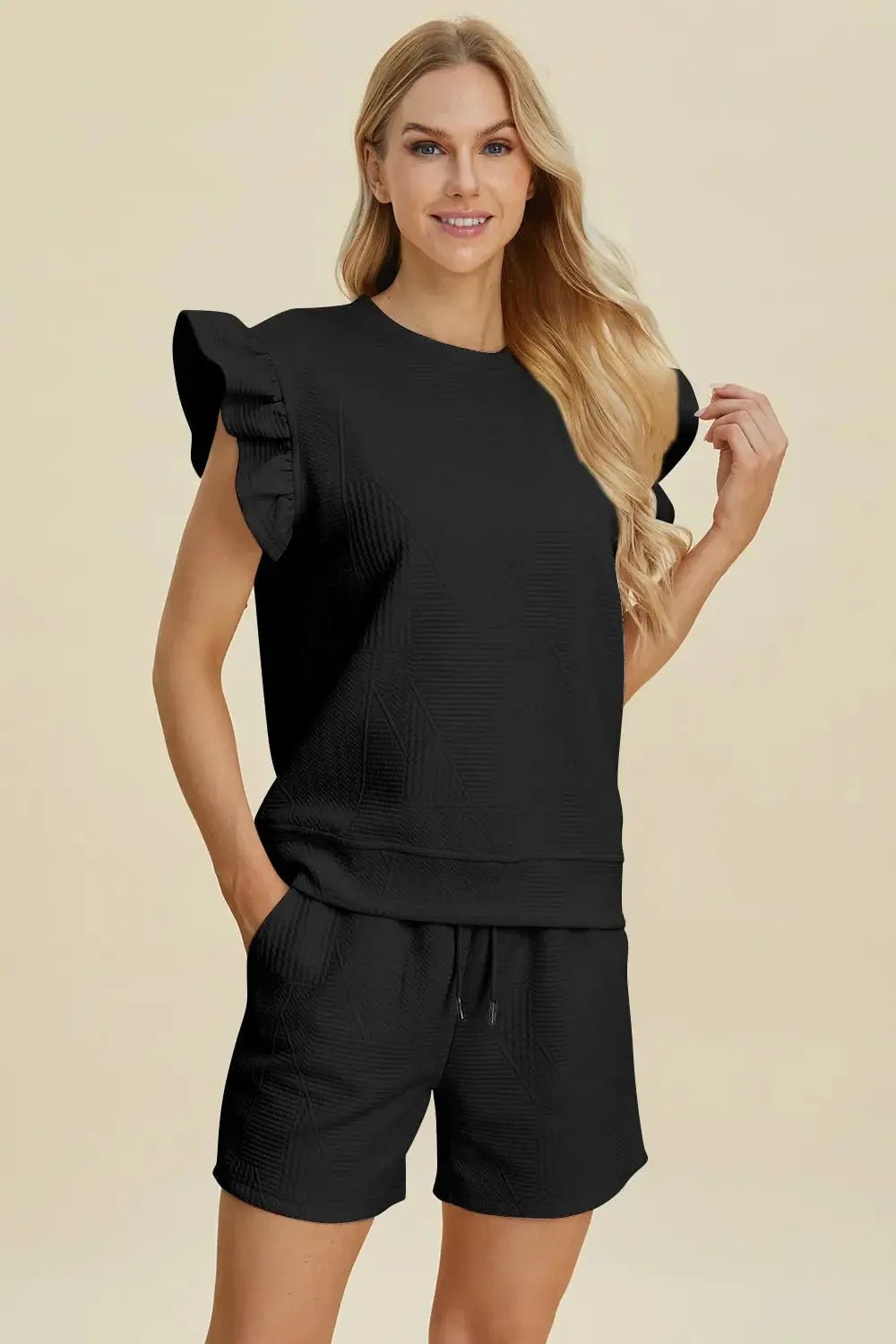 Double Take Full Size Texture Round Neck Ruffle Sleeve Top and Shorts Set - we buy