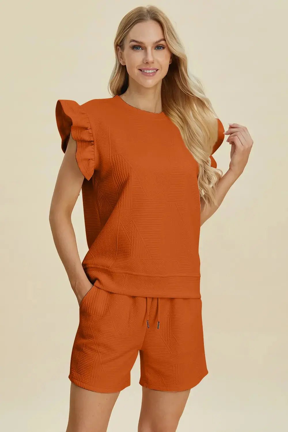 Double Take Full Size Texture Round Neck Ruffle Sleeve Top and Shorts Set - we buy