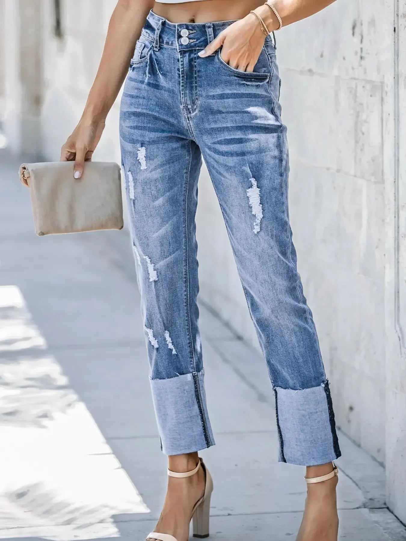 High Waist Distressed Straight Leg Jeans - we buy