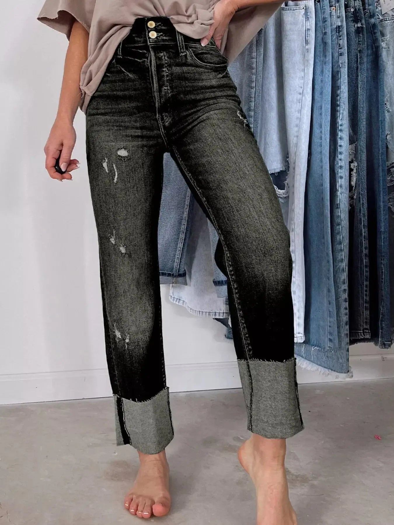 High Waist Distressed Straight Leg Jeans - we buy