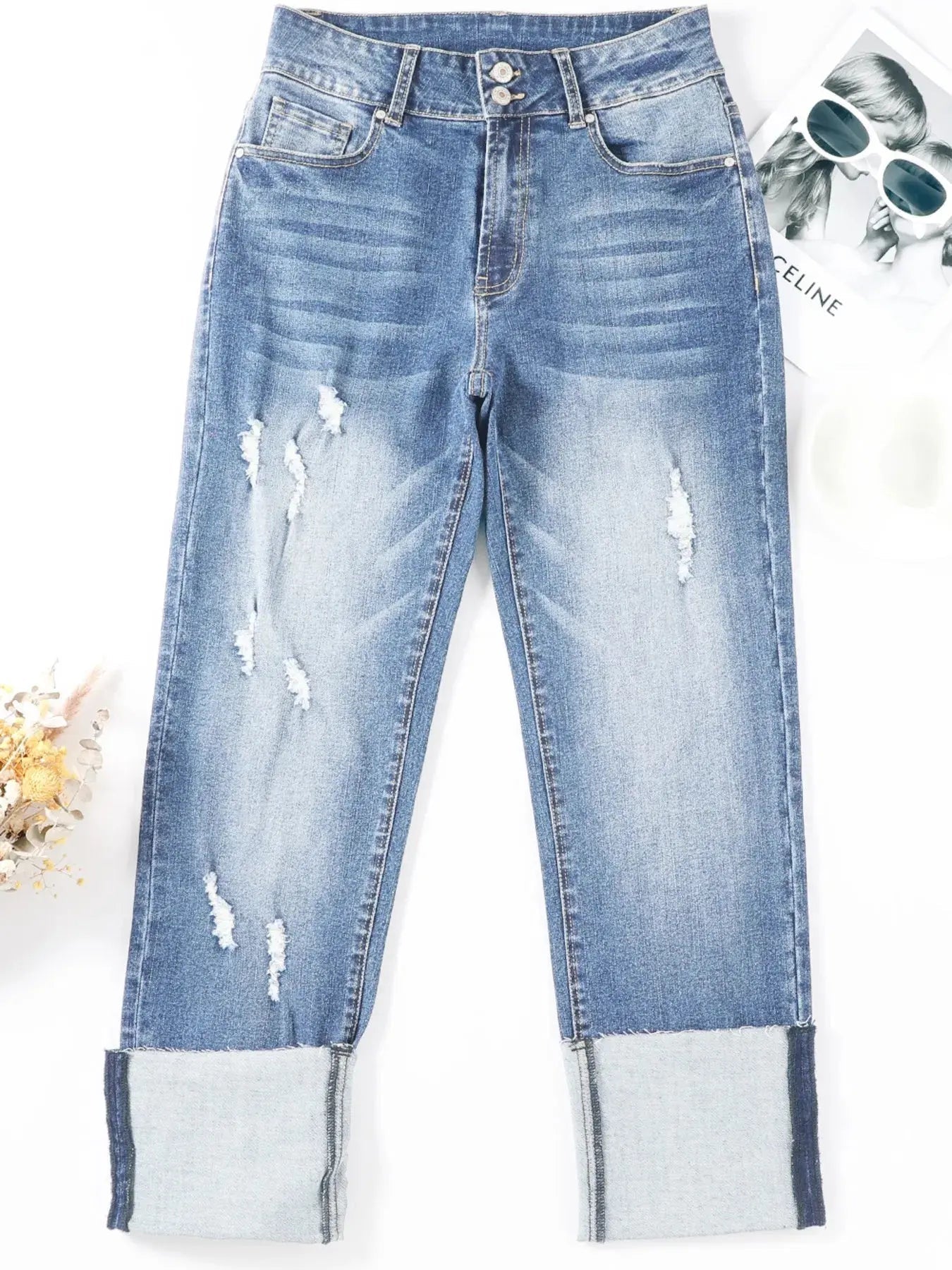 High Waist Distressed Straight Leg Jeans - we buy