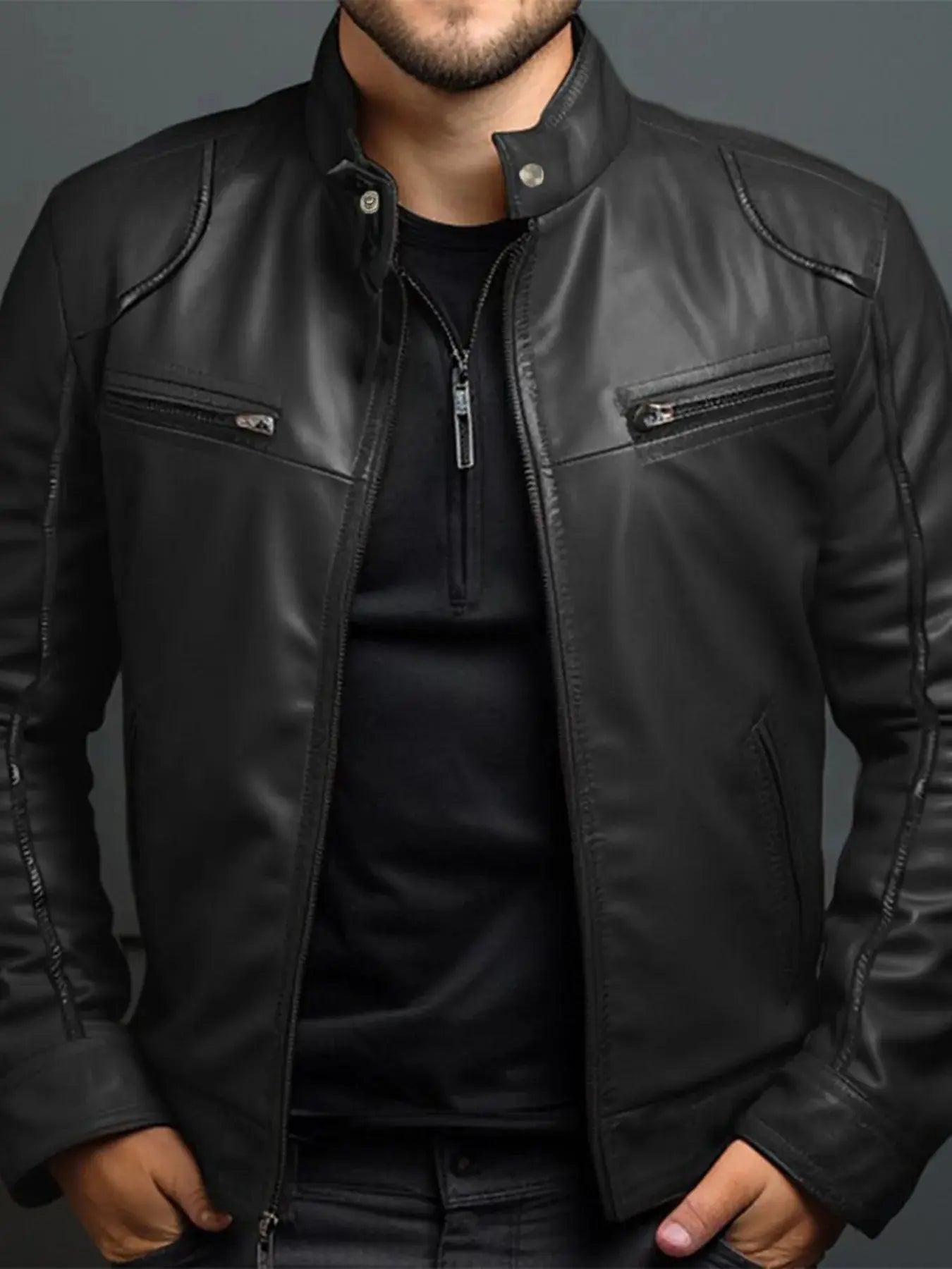 Men's Full Size Leather Motorcycle Jacket with Zipper Front Plus Size - we buy