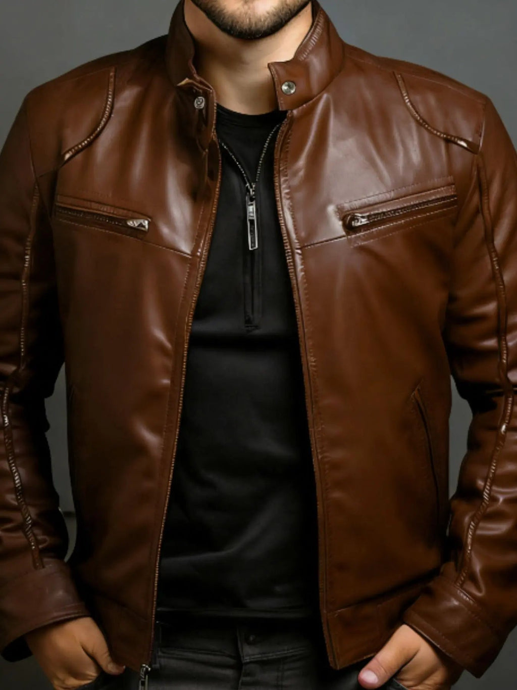 Men's Full Size Leather Motorcycle Jacket with Zipper Front Plus Size - we buy