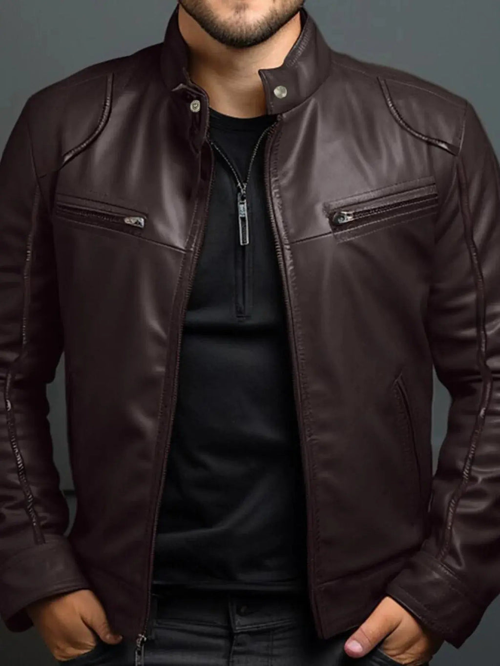 Men's Full Size Leather Motorcycle Jacket with Zipper Front Plus Size - we buy