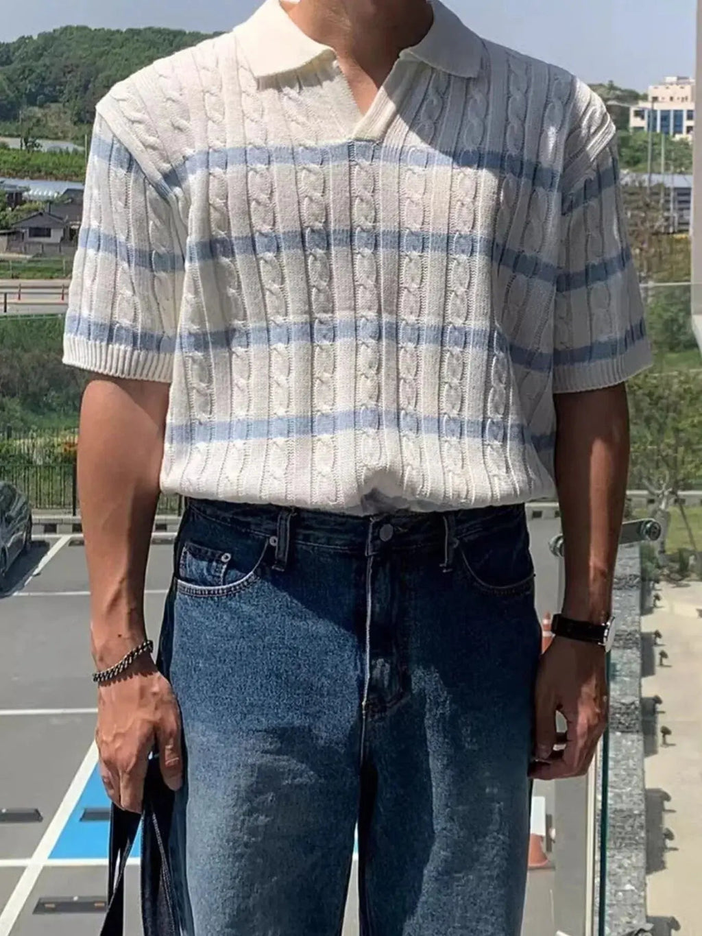 Men's Full Size Striped Short Sleeve Polo Plus Size - we buy