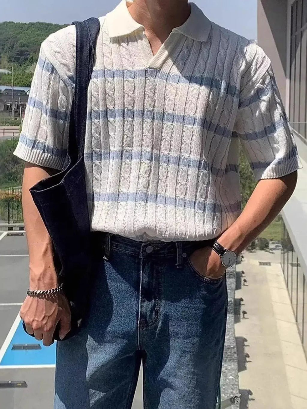 Men's Full Size Striped Short Sleeve Polo Plus Size - we buy