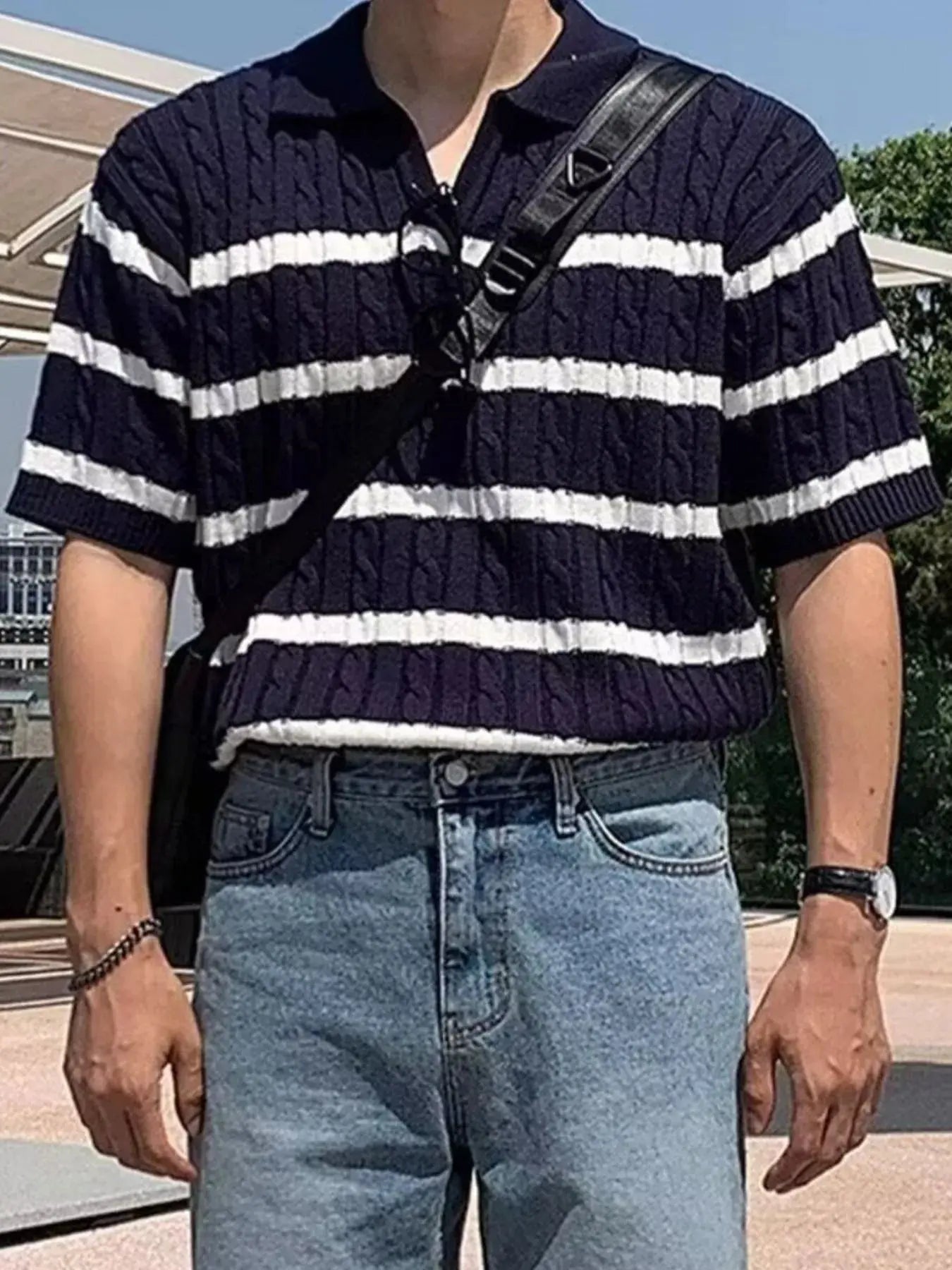 Men's Full Size Striped Short Sleeve Polo Plus Size - we buy