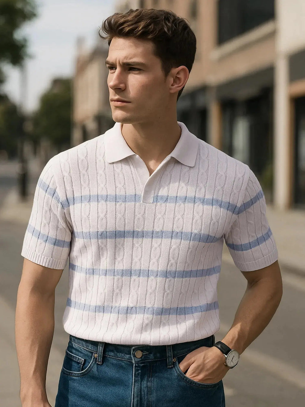 Men's Full Size Striped Short Sleeve Polo Plus Size - we buy