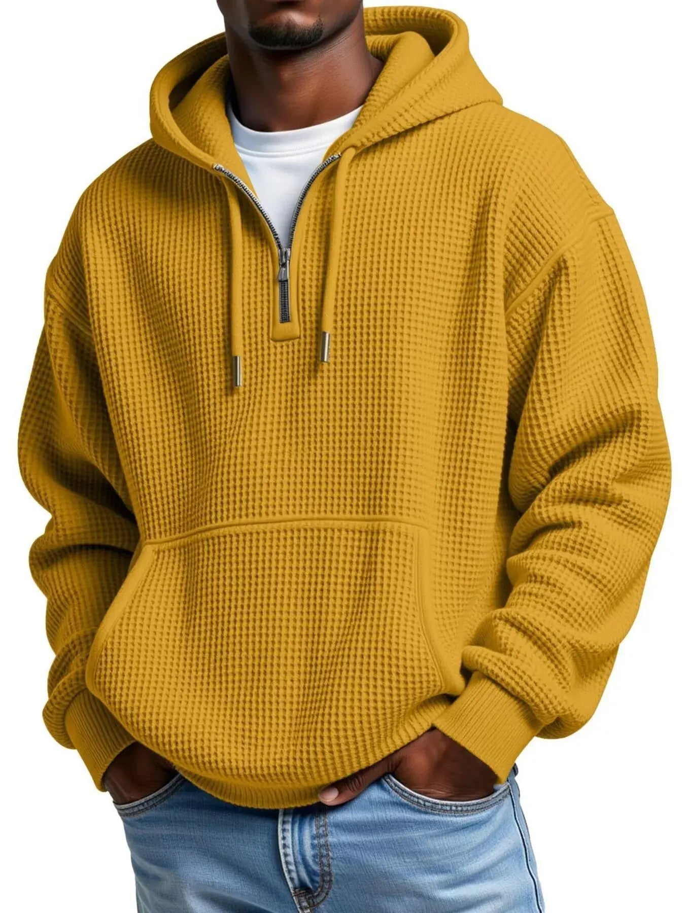 Men's Full Size Textured Waffle Knit Half - Zip Hoodie Plus Size - we buy