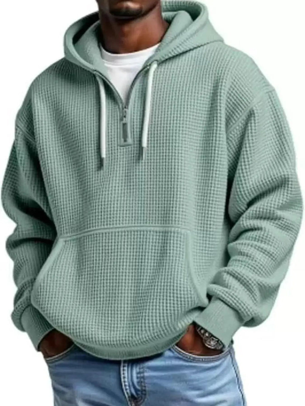 Men's Full Size Textured Waffle Knit Half - Zip Hoodie Plus Size - we buy